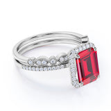Pave Set 2 Carat Emerald Cut Lab Ruby and Diamond Wedding Set with Art Deco Band in White Gold