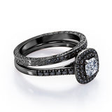 Filigree Scalloped Pave 1.65 TCW Princess Cut Moissanite with Lab Created Black Diamond Double Halo Style Wedding Ring Set in White Gold