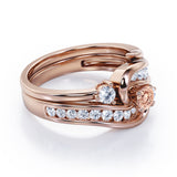 Twisted Tension - Prong 1 TCW Round Brilliant Cut Morganite and Moissanite - Flush Channel Wedding Set in White Gold