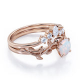 Nature Inspired 1.20 Carat Round Cut White Fire Opal And Diamond Leaf Vine Art Wedding Ring Set In White Gold For Her