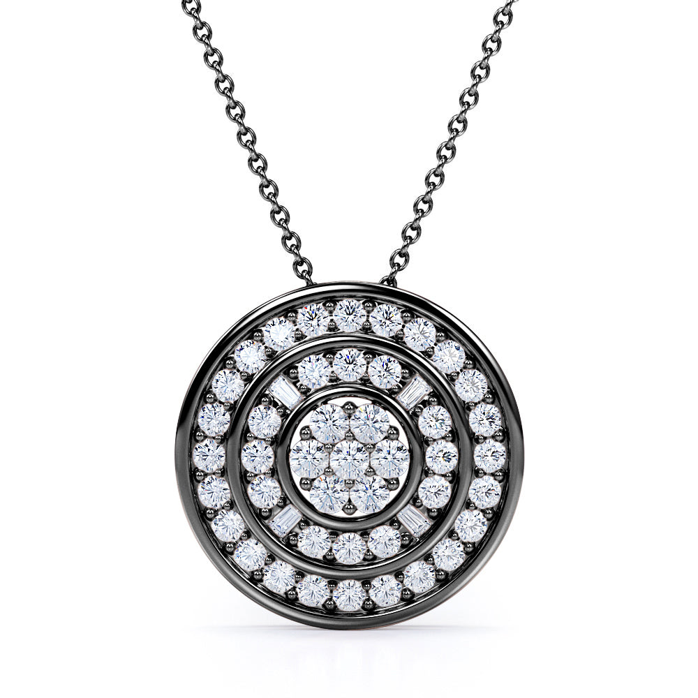 Classic Layered 0.9 carat Round and Baguette Cut Moissanite/ Diamond Pendant Necklace in 18k White Gold Over Silver