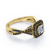 Rounded Square Double Halo -  1.55 TCW Princess Cut Moissanite with Lab Created Black Diamond - Infinity Pave Engagement Ring in White Gold