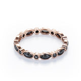 Art Deco - 0.25 TCW Round and Marquise Cut Lab Created Black Diamond - Bezel Wedding Band - 10K White Gold