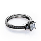 Trilogy Cathedral Prong - 1.4 TCW Princess Cut Moissanite with Lab Created Black Diamond - Milgrain Pave Channel Engagement Ring  in White Gold