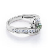 Spinning 0.7 carat Round Green Moss Agate and Moissanite Channel Engagement Ring in White Gold