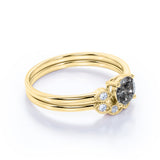 Minimalist 3 Stone 0.75 Carat Round Cut Icy Dark Grey Salt and Pepper Diamond and Curved Art Deco Band Wedding Ring Sets