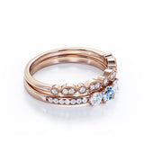 1.15 Carat Round Cut Aquamarine And Diamond Leaf Art Deco Wedding Ring Set In White Gold