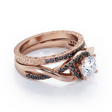 Filigree Tension-Halo 1.5 TCW Round Shape Moissanite with Lab Created Black Diamond Twisted Half Pave Wedding Set in Black Gold