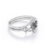 Non Traditional Solitaire 0.75 Carat Round Cut Black Rutilated Quartz and Diamond Filigree Bridal Set Rings