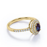 Classic Double Halo 1.50 Carat Oval Cut Simulated Blue Alexandrite and Diamond Semi Eternity Pave Engagement Ring in White Gold