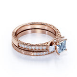 Three Stone 1.50 ct Princess Aquamarine Pave Wedding Set