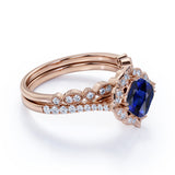 Unique Floral Styled 2 Carat Cushion Cut Sapphire and Diamond Halo Wedding Set with Art Deco Milgrain Band in White Gold