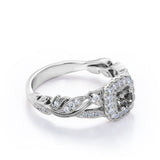 Floral Frame 1 Carat Round Cut Natural Salt and Pepper Diamond Art Deco Engagement Ring in 10k White Gold