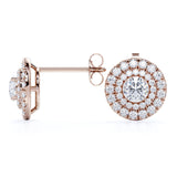 Claw Set 1.20 Carat Round Certified Moissanite and Diamond Double Halo Pave Studs - Wedding Earrings in Rose Gold