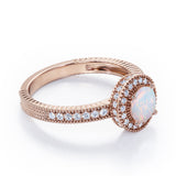 Decorative Halo 1 carat Round Opal and Diamond Milgrain Engagement Ring in White Gold