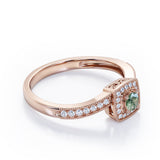 Flush-Prong Halo 1.25 Carat Round Cut Green Moss Agate and diamond Milgrain-Edged Pave Channel Engagement Ring in White Gold