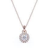 Four Prong Set Solitaire 1.10 Carat Round Certified Moissanite Hidden Halo Pendant Necklace in Rose Gold