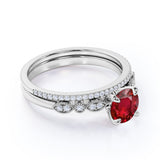 Perfect Filigree Four Claw 1.25 Carat Round cut Lab Ruby and Diamond Art Deco Bridal Ring Set in White Gold