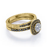 Cushion Double Halo 1.75 TCW Round Brilliant Cut Moissanite with Lab Created Black Diamond Bridal Set with Pave Accents in Black Gold