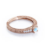 Antique Design Engraving 0.6 carat Round Moonstone and Moissanite Engagement Ring in White Gold