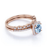Halo 1.75 ct Round Aquamarine Vintage Wedding Ring Set