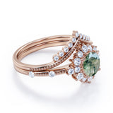 Vintage Milgrain 0.8 Carat Round Cut Moss Agate Bridal Set