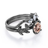 Nature Leaf 0.55 carat Round Morganite and Moissanite Crown Bridal Ring Set in Rose Gold
