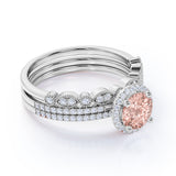 Designer 2 Carat Round Cut Peach Morganite and Diamond Trio Wedding Ring Set in 10k White Gold Celebrity Ring