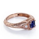 Vintage Milgrain 1.10 Carat Princess Cut Sapphire And Diamond Sharp Eight Claws Art Deco Engagement Ring In Rose Gold