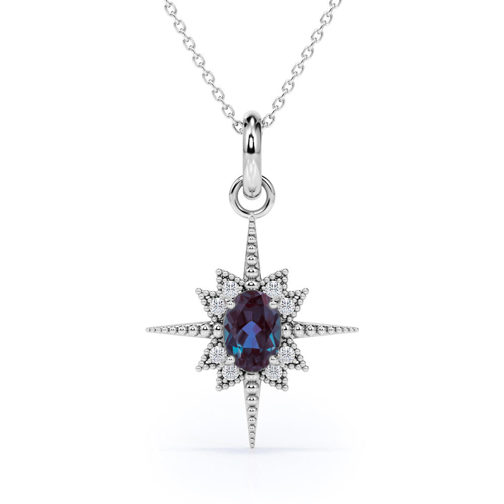 Beaded Star Halo 1.10 Carat Oval Cut Lab Created  Alexandrite And Diamond Four Prong Pendant Necklace In White Gold
