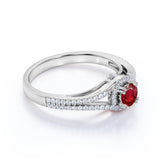 Split Shank Pave 2 Carat Round Cut Lab Ruby and Diamond Halo Engagement Ring in White Gold
