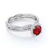 Stylish Infinity Halo Design 1.25 Carat Round Cut Lab Ruby and Diamond Wedding Ring Set in White Gold