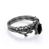 1.25 ct Oval Lab Black Diamond Vintage Leaf Bridal Set