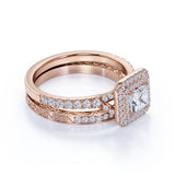 1.25 ct - Square Cut Moissanite - Pave Set - Split Band - Double Halo Engagement Ring -  Bridal Set - 18K Rose Gold over Silver