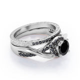 Filigree Tension-Halo 1.5 TCW Round Shape Lab Created Black Diamond Twisted Half Pave Wedding Set in White Gold