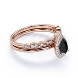 Antique Vintage 1.50 Carat Pear cut Artdeco Halo Bridal Wedding Ring Set with Lab Black Diamond for Her in White Gold