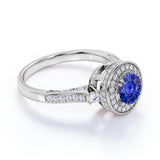 Big 0.75 Carat Round Cut Sapphire and Diamond Engagement Ring in 10k White Gold