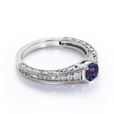 Vintage Prong Solitaire 1.25 Carat Round Cut Lab Made Purple Alexandrite and Diamond Art Deco Filigree Engagement Ring in White Gold for Her