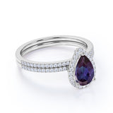 Intricate Traditional Halo 1.75 Carat Pear Cut Lab Grown Alexandrite and Diamond Half Eternity Pave Bridal Set Rings