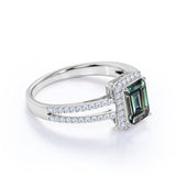 Split Shank 1.50 Carat Emerald Cut Man Made Alexandrite and Diamond Bezel Set Halo Engagement Ring