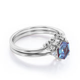 Trilogy 0.55 Ct Hexagon Lab Alexandrite Leafy Bridal Set