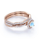 1.75 Carat Round Rainbow Moonstone and Diamond Halo Wedding Ring Set in Rose Gold