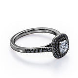Double Halo Style - 1.45 TCW Princess Cut Moissanite with Lab Created Black Diamond - Scalloped Pave Engagement Ring in Yellow Gold