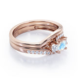 3 Stone Shared Prong - 1 TCW Princess Cut Moonstone and Moissanite - Pave Curved Shank Wedding Set - rose Gold