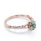 Decorative Basket 0.75 carat Round Moss Agate and Moissanite Engagement Ring in White Gold