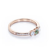 Elegant Trilogy 1.25 carat Round Moss Green Agate and Moissanite Promise Ring in White Gold