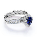 Stylish Floral Design 2.50 Carat Cushion Cut Sapphire and Diamond Halo Wedding Set with Eternity Band in White Gold