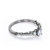 Art Deco 1 carat Round Cut Moissanite and Diamond Promise Ring, women's ring in White Gold