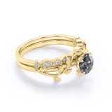 0.75 Ct Round Salt and Pepper Diamond Leaf Wedding Ring Set