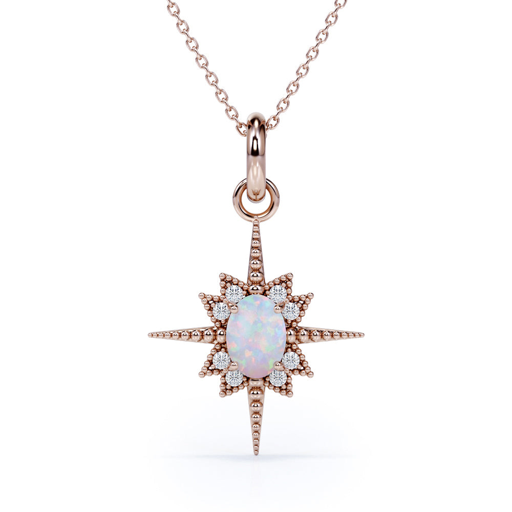 Beaded Star Halo 1.10 Carat Oval Cut Genuine Opal And Diamond Four Prong Pendant Necklace In White Gold